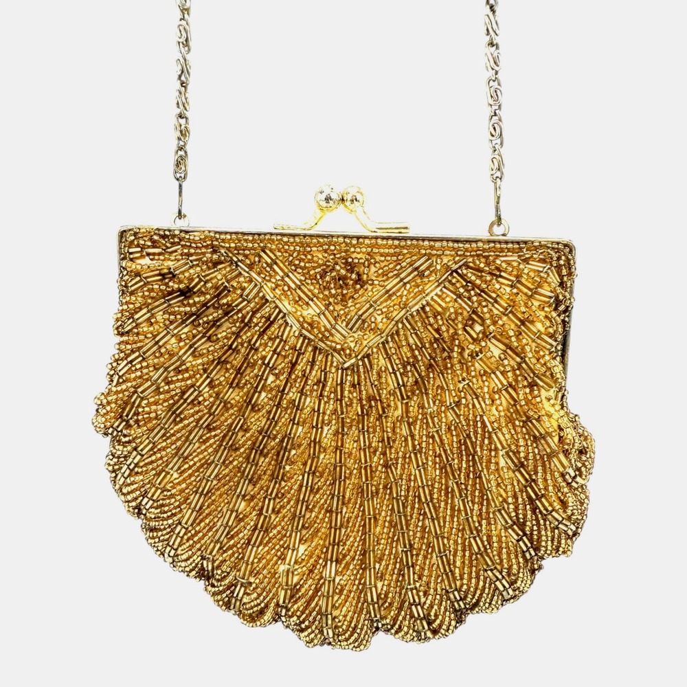 VTG La Regale Women's Evening Shoulder Purse Gold Beaded Clam Shell Gold Chain - Picture 13 of 13